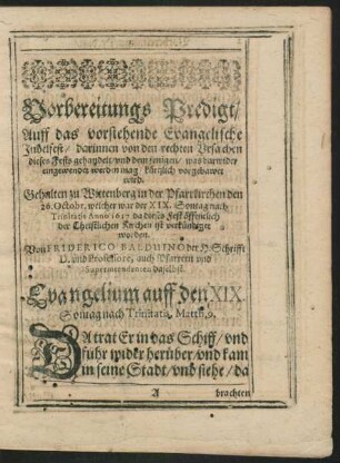 Vorbereitungs Predigt/ Auff das vorstehende Evangelische Jubelfest ... Von Friderico Balduino ...