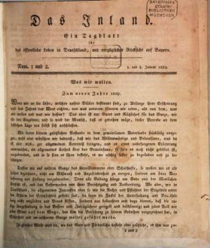 Das Inland : ein Tagblatt für das öffentliche Leben in Deutschland, mit vorzüglicher Rücksicht auf Bayern. 1829,1, 1829,1/6