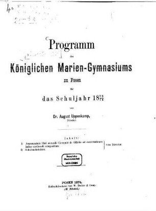 Programm des Königlichen Marien-Gymnasiums in Posen, 1873/74