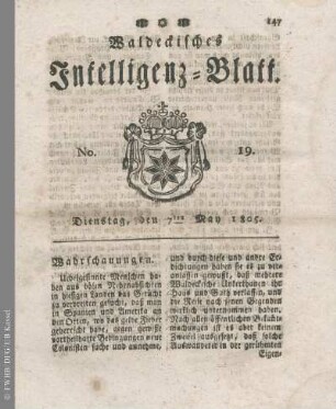 No. 19, Dienstag, den 7ten May 1805