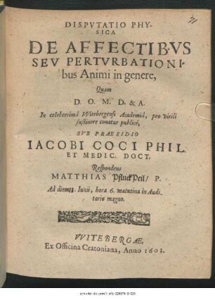 Disputatio Physica De Affectibus Seu Perturbationibus Animi in genere