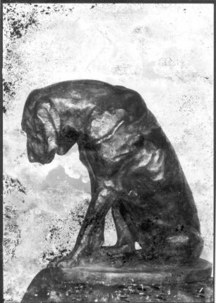 Müder Hund. Bronze (vor 1945; E. Richter). Dresden-Südvorstadt, Eisenstuckstraße, Atelier der Bildhauerin