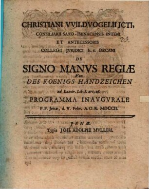 Christiani Wildvogelii ... De signo manvs regiae : programma inaugurale
