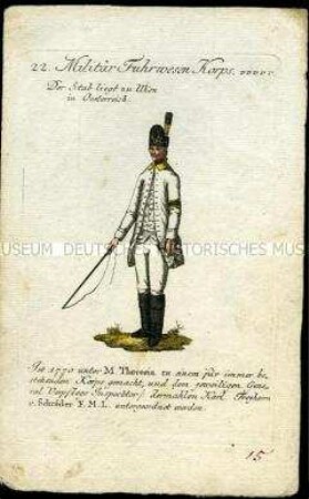 Uniformdarstellung, Gemeiner des Militärischen Fuhrwesens, Österreich, 1796. Tafel aus: Geschichte und bildliche Vorstellung der Regimenter des Erzhauses Österreich.