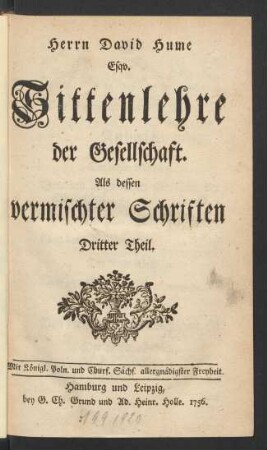 Theil 3: Herrn David Hume, Esq. Sittenlehre der Gesellschaft