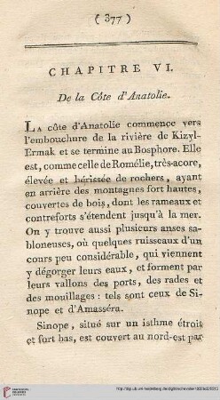 Chapitre VI: De la Côte d’Anatolie