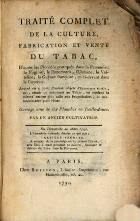 Traité complet de la culture, fabrication et vente du tabac