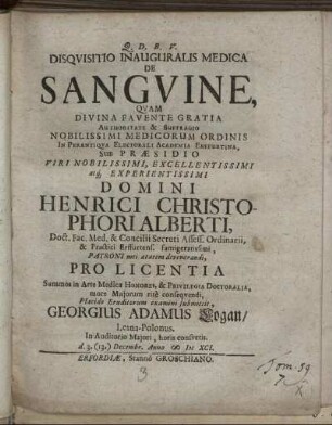 Disquisitio Inauguralis Medica De Sanguine