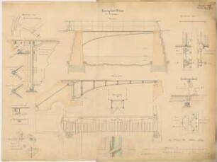 Bewegliche Fußgängerbrücke Monatskonkurrenz Dezember 1869: Grundriss, Aufriss Seitenansicht, Längsschnitt, viele Details; 2 Maßstabsleisten