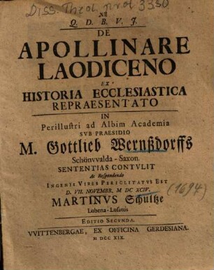 De Apollinare Laodiceno Ex Historia Ecclesiastica Repraesentato