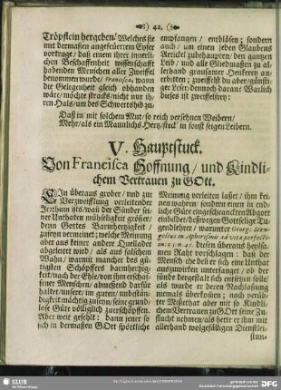 V. Hauptstuck. Von Francisca Hoffnung, und Kindlichem Vertrauen zu Gott