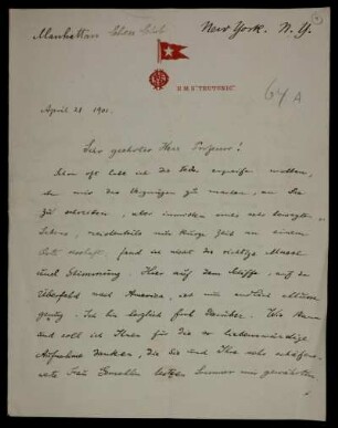 Nr. 1: Brief von Emanuel Lasker an Adolf Hurwitz, New York, NY, 21.4.1901