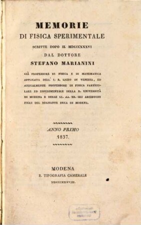 Memorie di fisica sperimentale. 1. 1837 (1838)