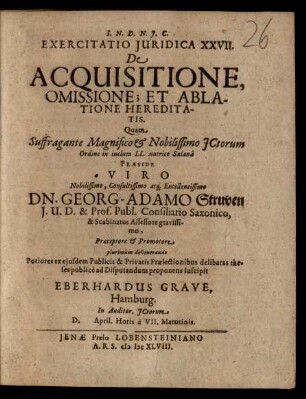 Exercitatio Iuridica XXVII. De Acquisitione, Omissione; Et Ablatione Hereditatis