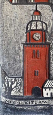 Altenburger Wappen und Vedutendarstellungen — Turm der ehemaligen Pfarrkirche Sankt Nikolai, sogenannter Nikolaiturm