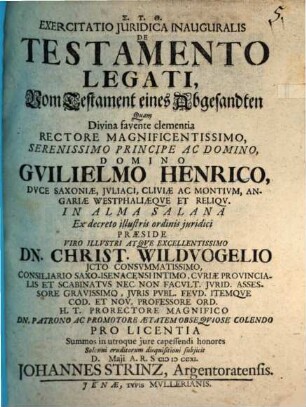 Exercitatio iuridica inauguralis de testamento legati, vom Testament eines Abgesandten