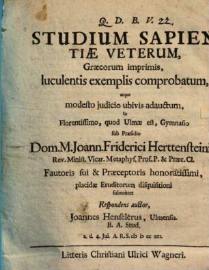 Studium sapientiae Veterum, Graecorum imprimis, luculentis exemplis comprobatum