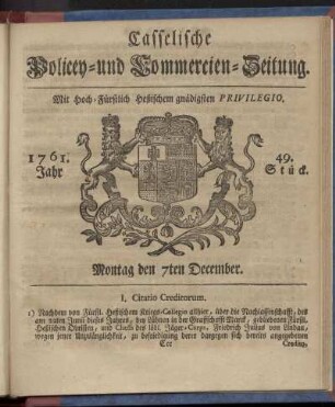 49. Stueck, Montag den 7ten December 1761