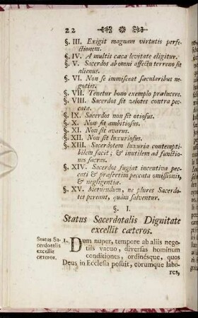 §. I. Status Sacerdotalis Dignitate excellit cæteros.