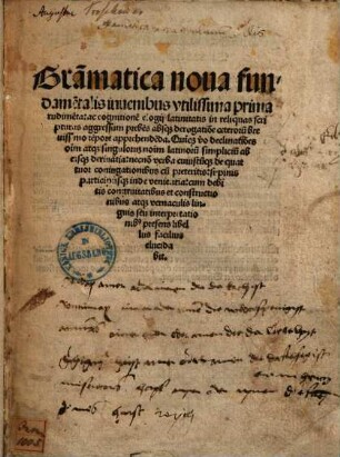 Grammatica nova fundamentalis iuvenibus utilissima prima rudimenta : ac cognitionem elogii latinitatis in reliquas scripturas aggressum prebens ...