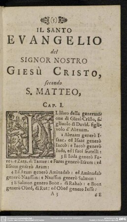 Il Santo Evangelio del Signor Nostro Giesù Cristo, secondo S. Matteo