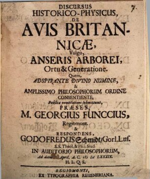 Discursus hist. phys. de avis Britannicae, vulgo anseris arborei, ortu & generatione