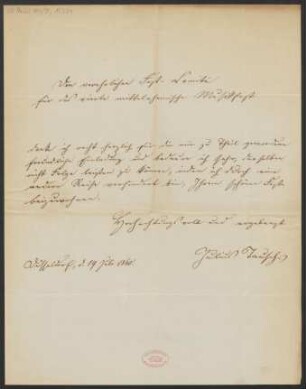 Brief an Franz Schott und Kommittee für das Mittelrheinische Musikfest , Mainzer Liedertafel : 19.07.1860