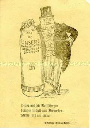 Druckgrafik im Postkartenformat mit einer Karikatur gegen die Rüstungsproduktion