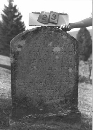 Grabstein 23 (Index: 100009483) Zustand: leicht verwittert, unterer Rand abgebröckelt Maße HxBxT: 88x60x8 cm: Grabstein 23