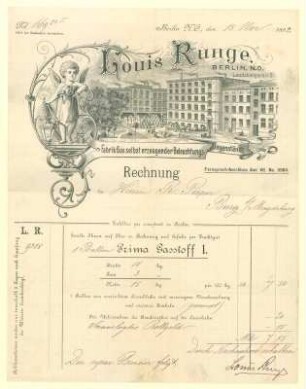 Rechnung der Firma Louis Runge, Fabrik für Beleuchtungs-Gegenstände, Landsberger Straße 9,