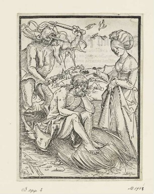 Hiob vom Satan versucht, Titelholzschnitt aus: Johannes de Tambaco, Speculu Patietie cum theologycis consolationibus fratris Joannis de Tambaco, Nürnberg 1509