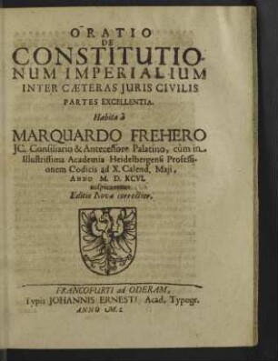Oratio de constitutionum imperialium inter caeteras juris civilis