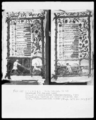 Lateinisches Gebetbuch mit Kalendarium — Kalenderseite November mit Tierkreiszeichen und Monatsbild