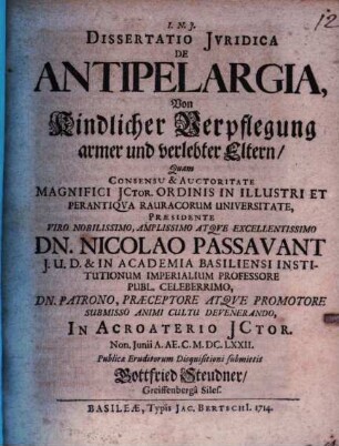 Diss. iur. de antipelargia, Von Kindlicher Verpflegung armer und verlebter eltern
