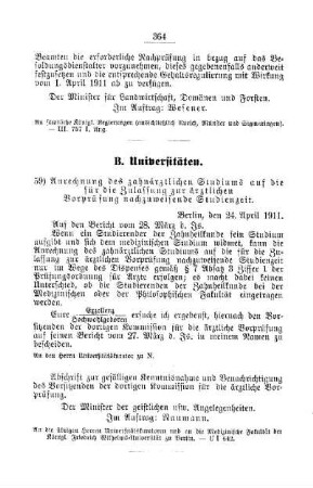 Anrechnung des zahnärztlichen Studiums auf die für die Zulassung zur ärztlichen Vorprüfung nachzuweisende Studienzeit [B. Universitäten]