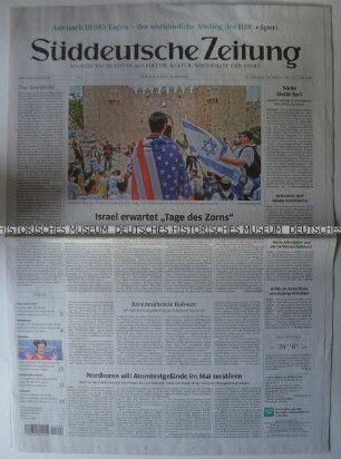 Tageszeitung "Süddeutsche Zeitung" mit Titel zur Verlegung der US-Amerikanischen Botschaft in Israel von Tel Aviv nach Jerusalem