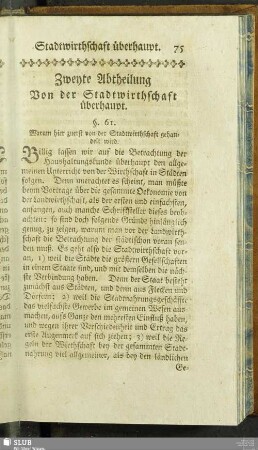Zweyte Abtheilung Von der Stadtwirthschaft überhaupt