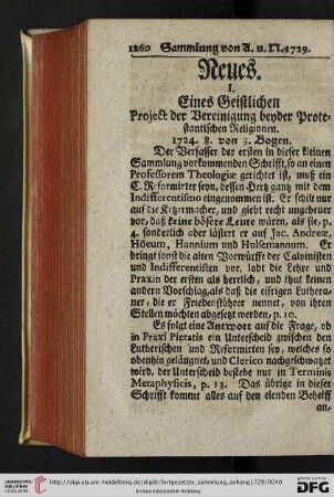 [I. Eines Geistlichen Project der Vereinigung beyder Protestantischen Religionen – X. Nachlese und Verbesserung einiger Recensionen]