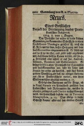 [I. Eines Geistlichen Project der Vereinigung beyder Protestantischen Religionen – X. Nachlese und Verbesserung einiger Recensionen]