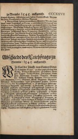 Abschiedt des Reichßtags zu Wormbs/ Anno 1545. auffgericht.