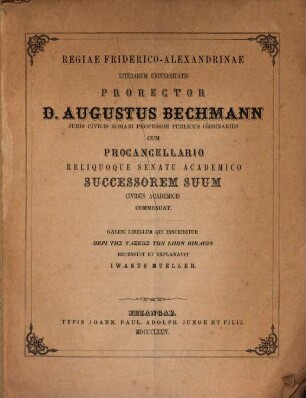 Galeni libellum qui inscribitur Peri tēs taxeōs tōn idiōn bibliōn