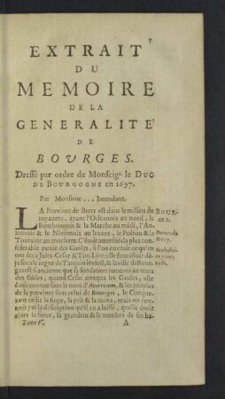 Extrait du Memoire de la Generalité de Bourges.