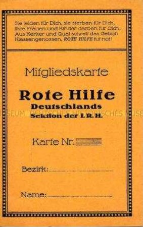 Vordruck eines Mitgliedsausweises der Roten Hilfe Deutschlands mit mehreren Blanko-Stempeln