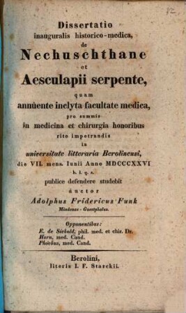 Dissertatio inauguralis medica de Nechuschthane et Aesculapii serpente