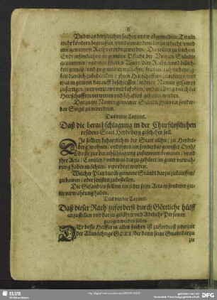 Das dritte Capittel. Daß die berathschlagung in der Churfürstlichen residens Statt Heydelberg geschehen soll