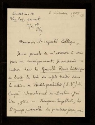 20: Brief von Robert Caillemer an Otto von Gierke, Grenoble, 8.12.1908