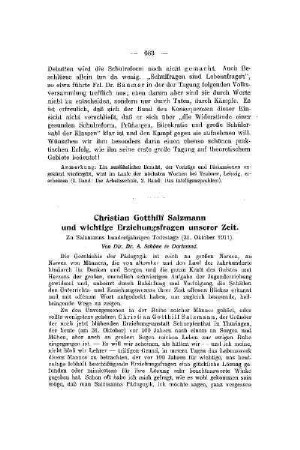 Christian Gotthilf Salzmann und wichtige Erziehungsfragen unserer Zeit : zu Salzmanns hundertjährigen Todestage (31. Oktober 1911)