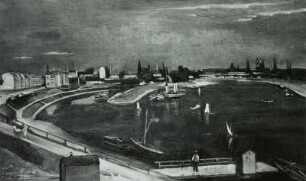 Der Pieschner Hafen mit der Silhouette Dresdens : Der Pieschner Hafen mit der Silhouette Dresdens. Öl auf Leinwand, 1928