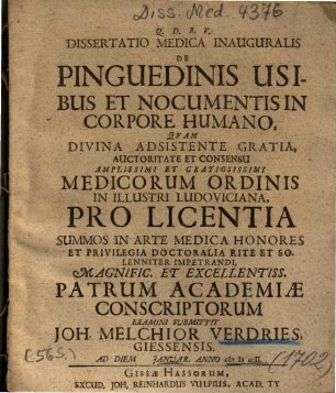Dissertatio Medica Inauguralis De Pinguedinis Usibus Et Nocumentis In Corpore Humano