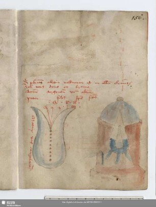 156r: 2 kolorierte Federzeichnungen: Glaskolben; Destillierofen